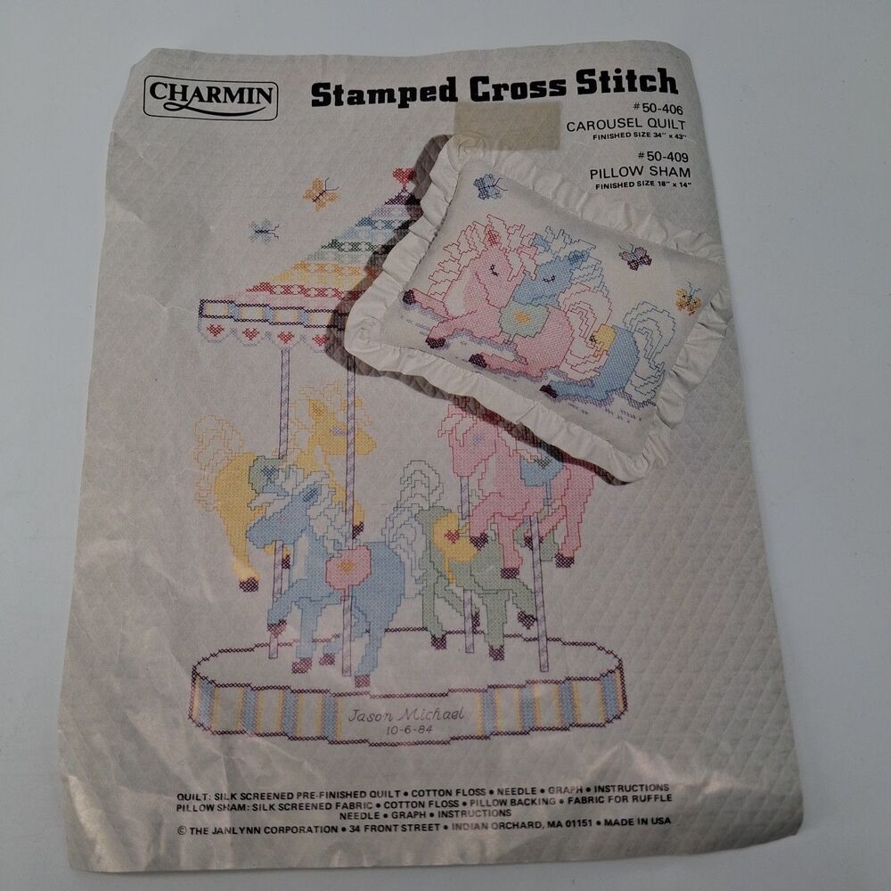 Janlynn Stamped Cross Stitch Carousel Quilt Kit #50-406 & Pillow Sham #50-409